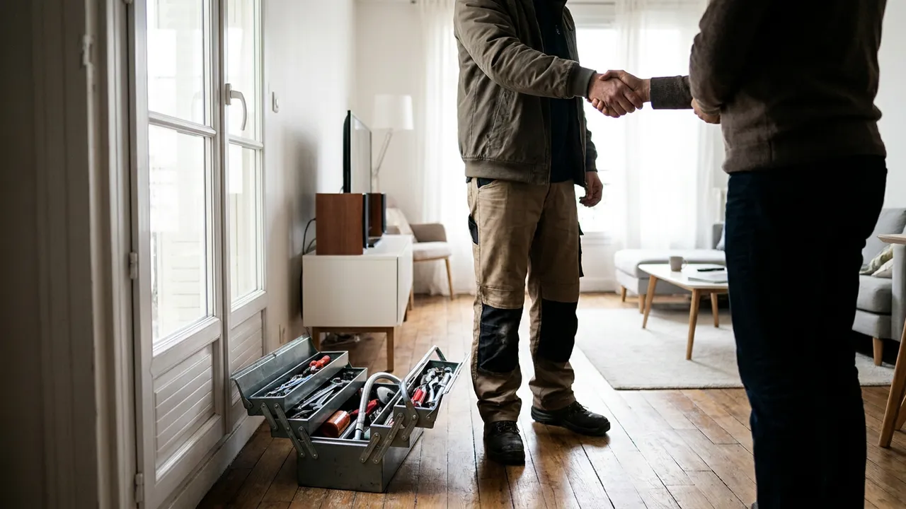 Poignée de main entre un plombier et un client sur le pas de porte d'un appartement de Paris 14, caisse à outils ouverte