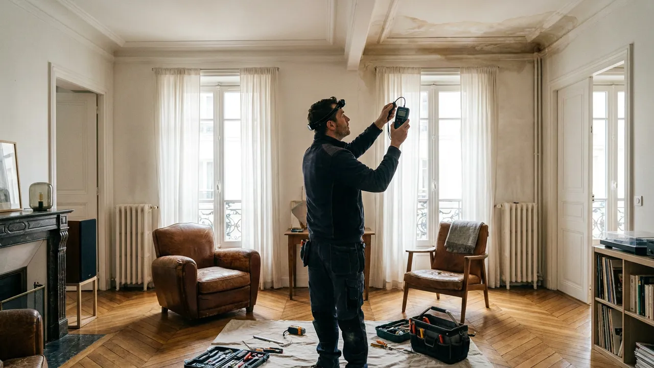 Plombier inspectant un plafond taché d'humidité à la lampe torche dans un appartement de Paris 14