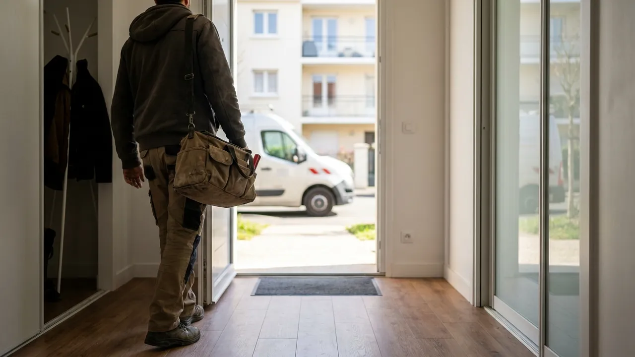 Plombier arrivant de nuit avec sa sacoche d'outils devant un immeuble résidentiel de Paris 14
