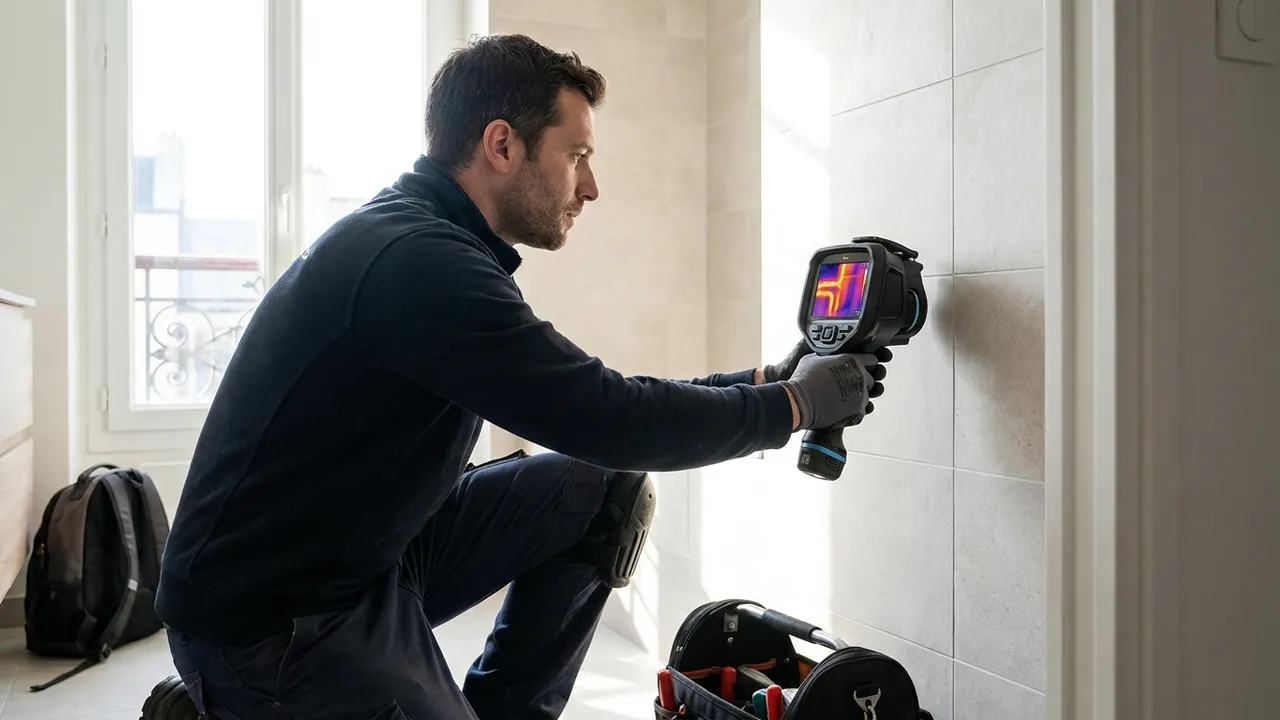 Plombier utilisant une caméra thermique sur un mur de salle de bain pour localiser une fuite cachée à Paris 14