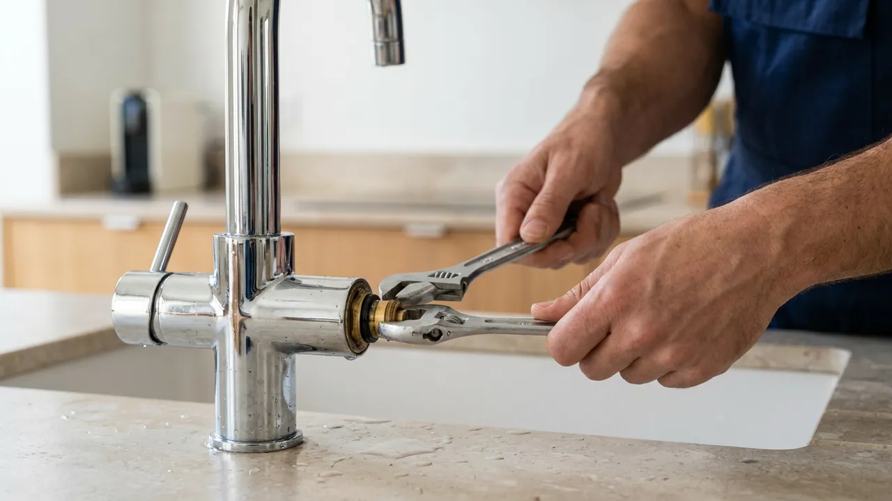 Mains d'un plombier remplaçant la cartouche d'un mitigeur de cuisine qui goutte dans un appartement de Paris 14